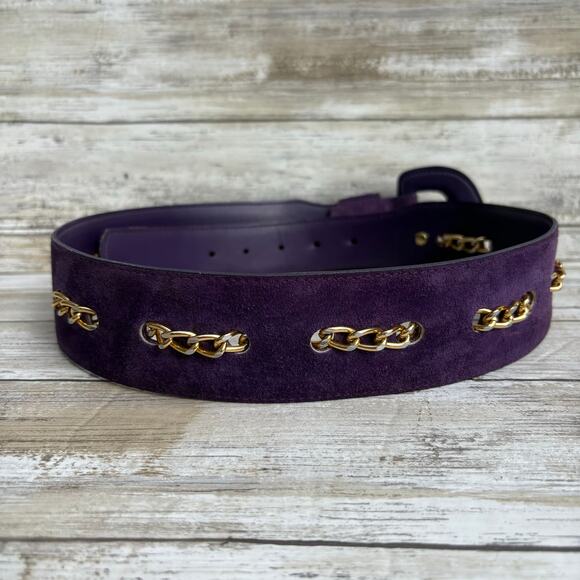 VTG Loring & Paige Suede Belt Sz ML Purple Gold Chunky Chainlink Adjustable 80s - Picture 10 of 12